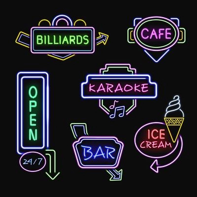 Neon ice cream cafe bar and karaoke club signboards at night realistic icons collection isolated vector illustration