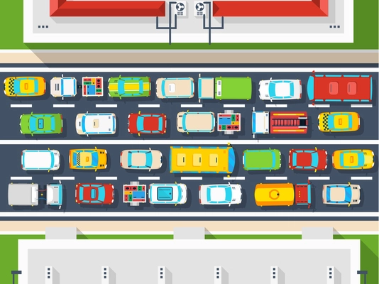 Top view poster of traffic jam in city with many different vehicles on road flat vector illustration