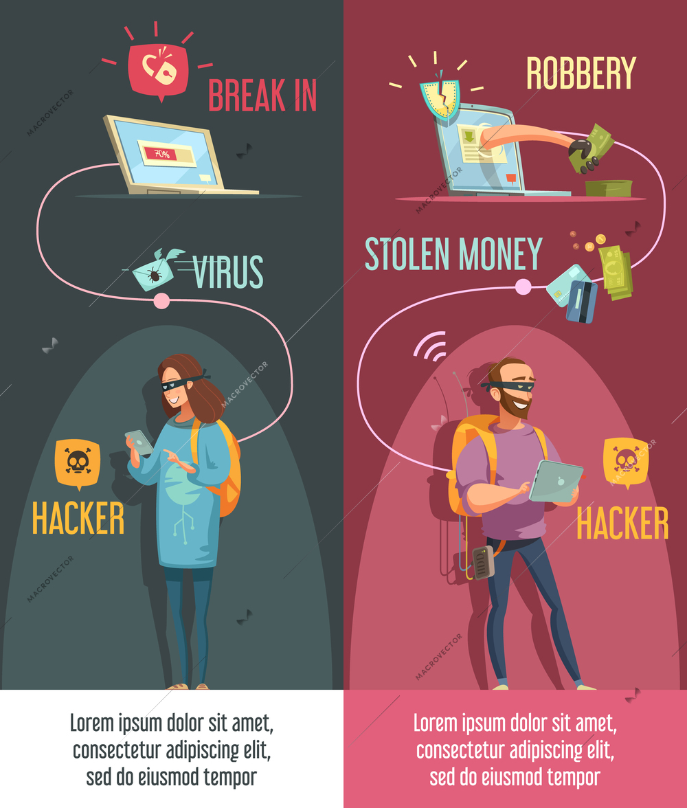 Hackers criminal activity 2 vertical banners set with man and woman breaking computer accounts isolated  cartoon vector illustration