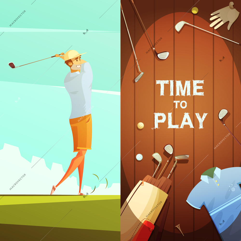 Time to play 2 retro cartoon banners with golf equipment composition and player on course isolated vector illustration