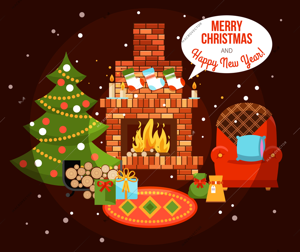 Flat design new year holiday decorated room with fireplace christmas tree and presents vector illustration