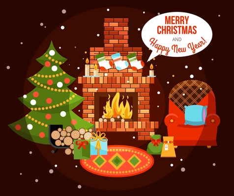 Flat design new year holiday decorated room with fireplace christmas tree and presents vector illustration