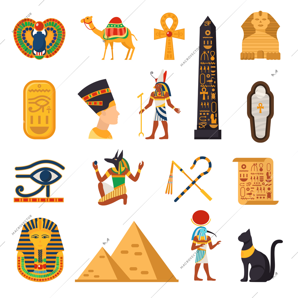 Egypt touristic icons set with pyramids and desert symbols flat isolated vector illustration