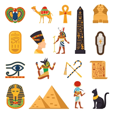 Egypt touristic icons set with pyramids and desert symbols flat isolated vector illustration