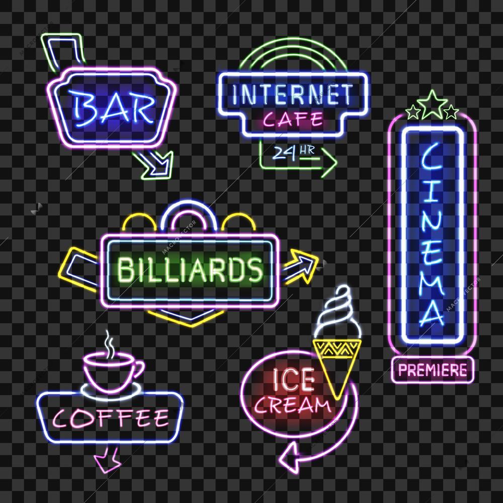 Neon  internet cafe bar and cinema  signboards at night realistic icons set transparent background isolated vector illustration