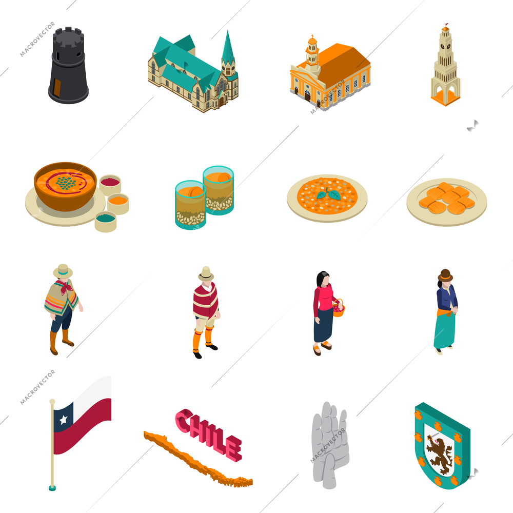Chile top tourist attractions isometric icons collection with national layered pie dish and churches isolated vector illustration