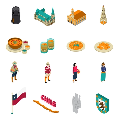 Chile top tourist attractions isometric icons collection with national layered pie dish and churches isolated vector illustration