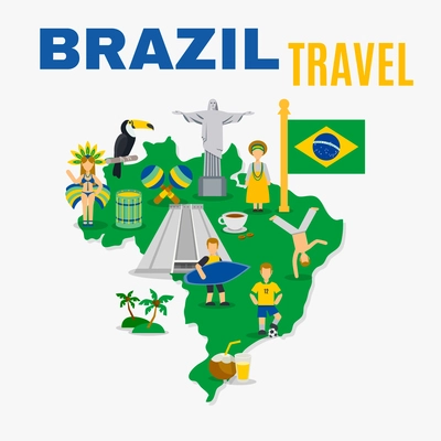 International travel agency love brazil poster with country map flag and symbols in national colors flat vector illustration