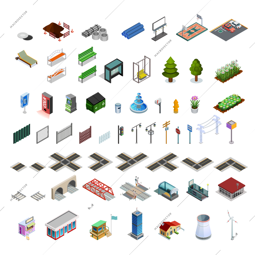 Modern city infrastructure isometric elements set of map constructor arcades buildings streets bridges and utilities isolated vector illustration