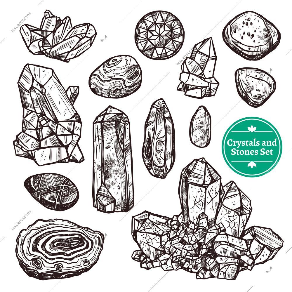 Hand drawn monochrome icons set of crystal stones rocks with white background vector illustration