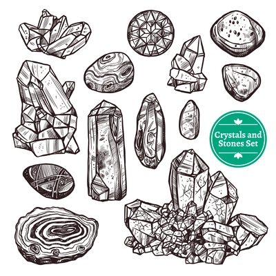 Hand drawn monochrome icons set of crystal stones rocks with white background vector illustration