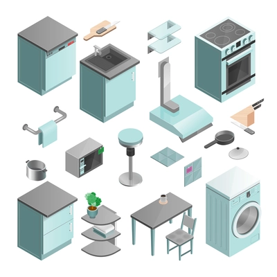 Kitchen interior isometric icons set of colorful domestic elements in flat style isolated vector illustration