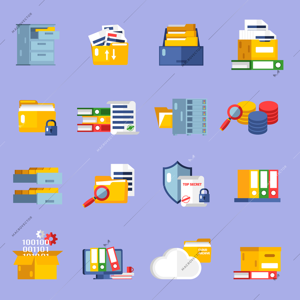 Archive icons set with information storage symbols flat isolated vector illustration