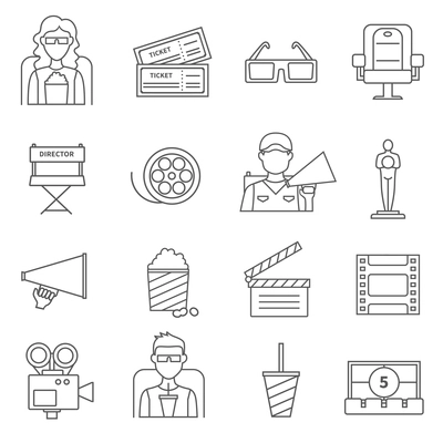 Black line cinema icons set of film popcorn video camera  oscar figurine movie tickets and director chair isolated vector illustration