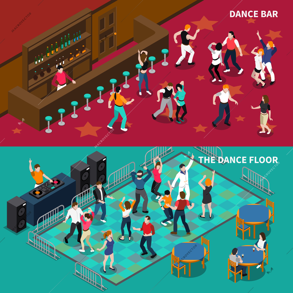 DJ bar pubs and cafe dance floor 2 horizontal isometric banners set with bartender isolated vector illustration