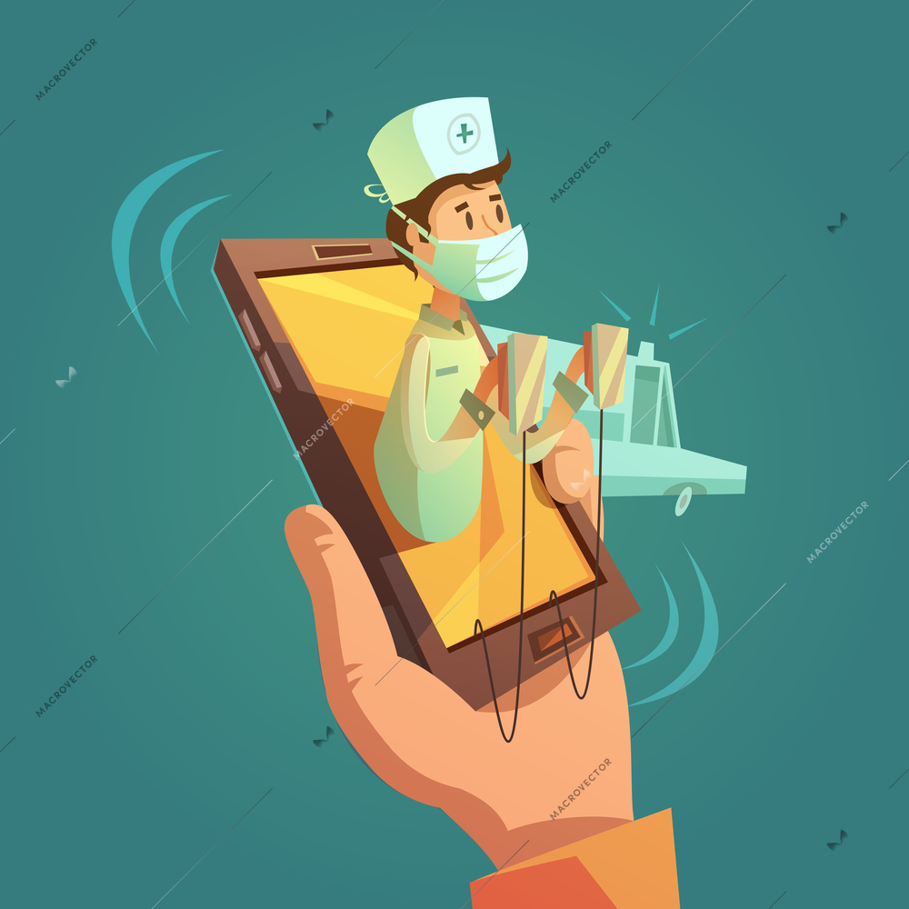 Mobile online doctor concept with mobile phone in hand cartoon vector illustration