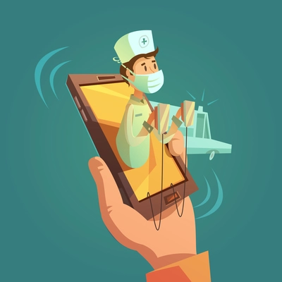 Mobile online doctor concept with mobile phone in hand cartoon vector illustration