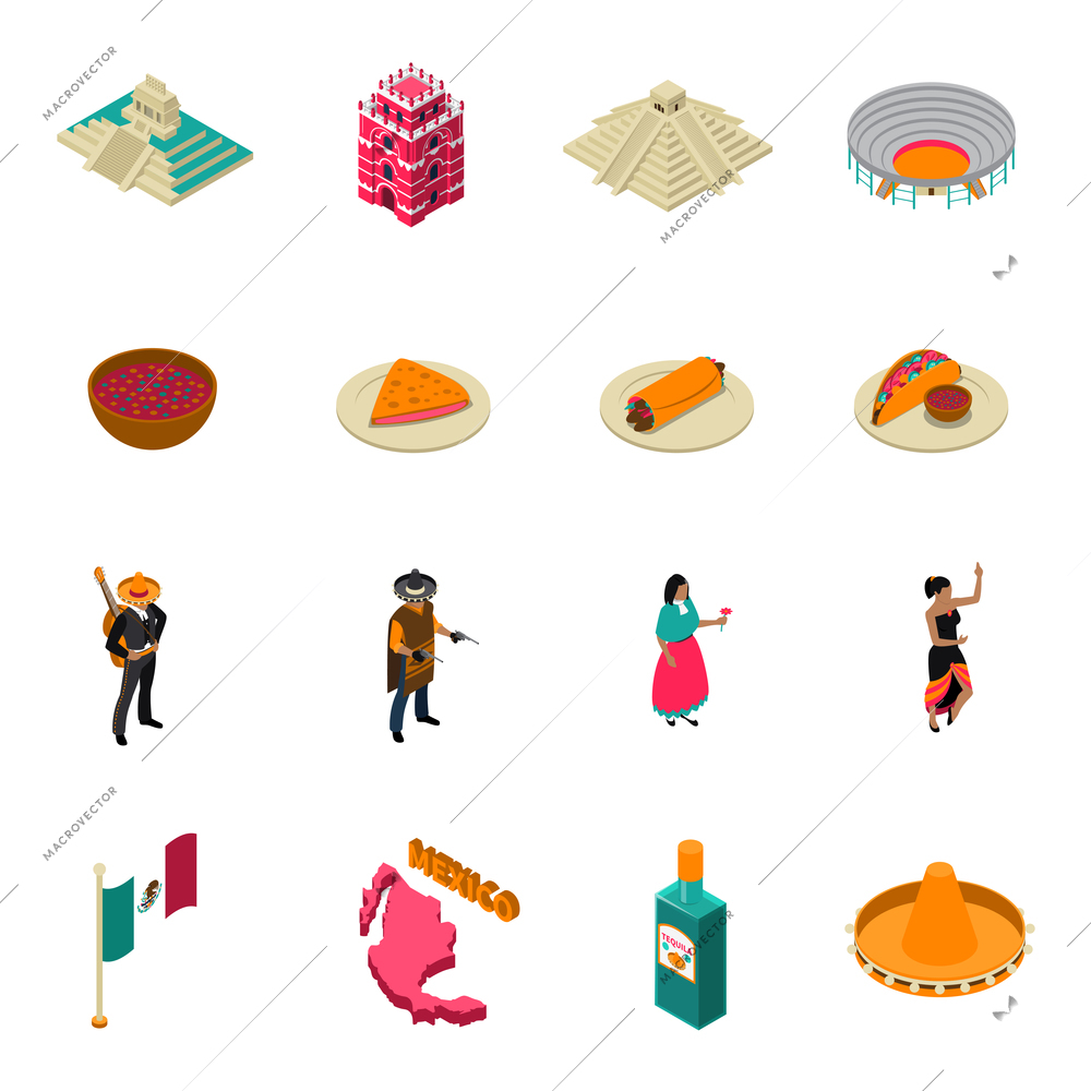 Mexico touristic attractions isometric icons collection with famous chichen itza temple landmark and tacos isolated vector illustration