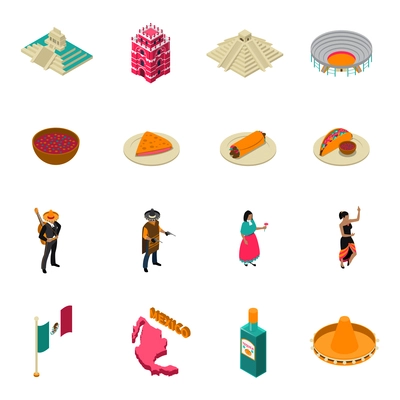 Mexico touristic attractions isometric icons collection with famous chichen itza temple landmark and tacos isolated vector illustration