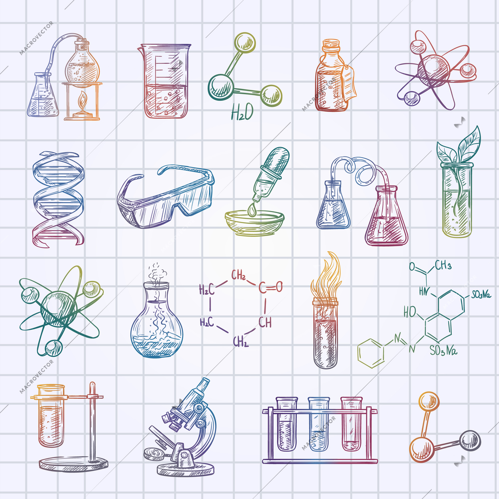 Chemistry sketch icons set on checked exercise book background isolated vector illustration