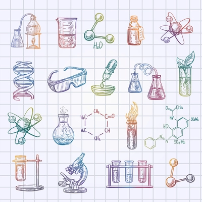 Chemistry sketch icons set on checked exercise book background isolated vector illustration