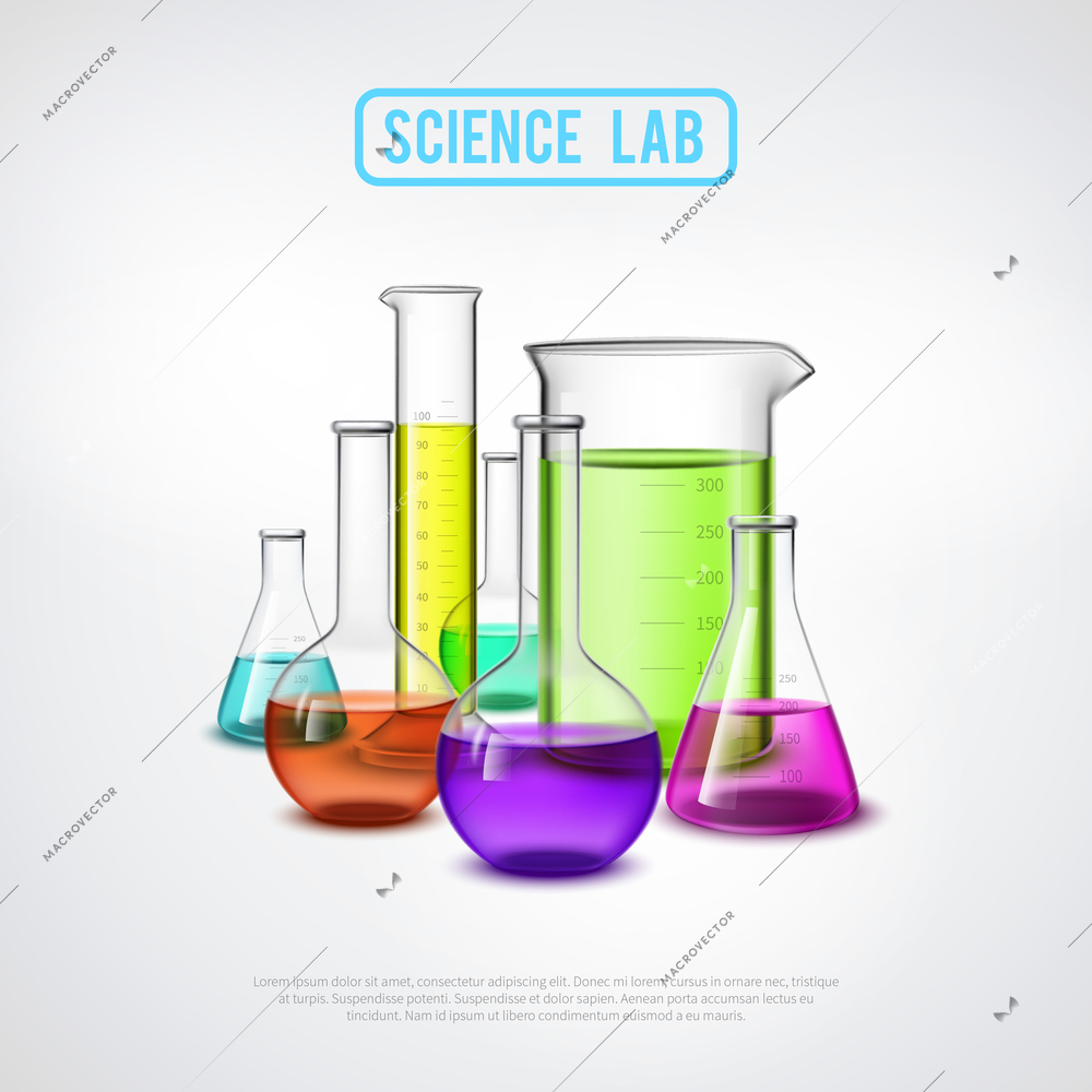 Laboratory equipment composition with realistic glass test tubes colorful liquids flat isolated vector illustration