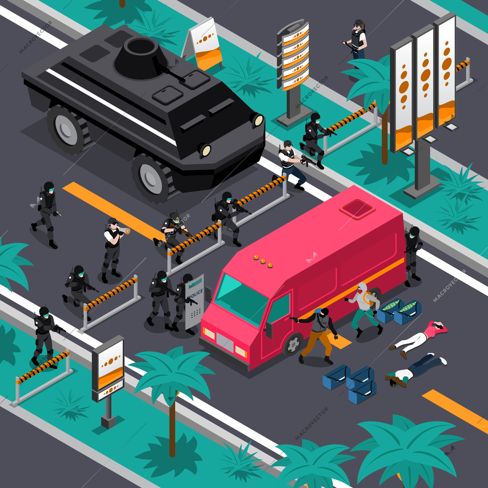 Swat unit team tactics in action searching for gunman isometric composition poster with blocking streets vector illustration