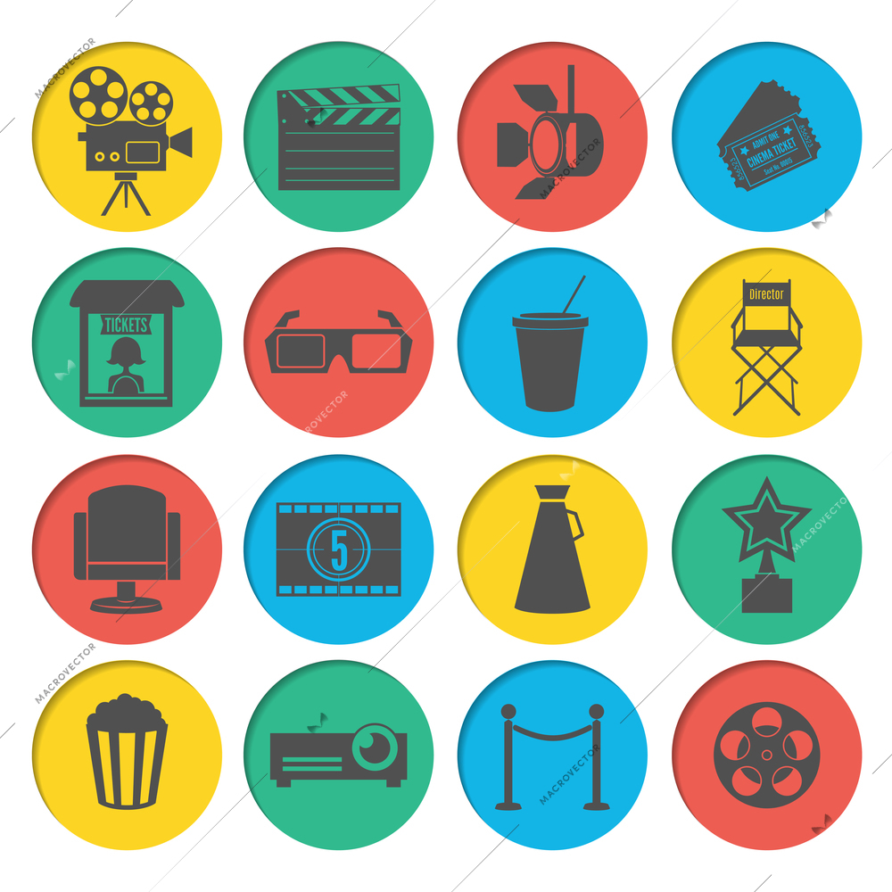 Cinema movie ticket office director chair filmstrip loudspeaker icons elements set vector illustration