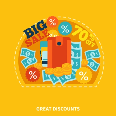 Online shop colorful round composition with caption money discount coins symbols on orange background flat vector illustration
