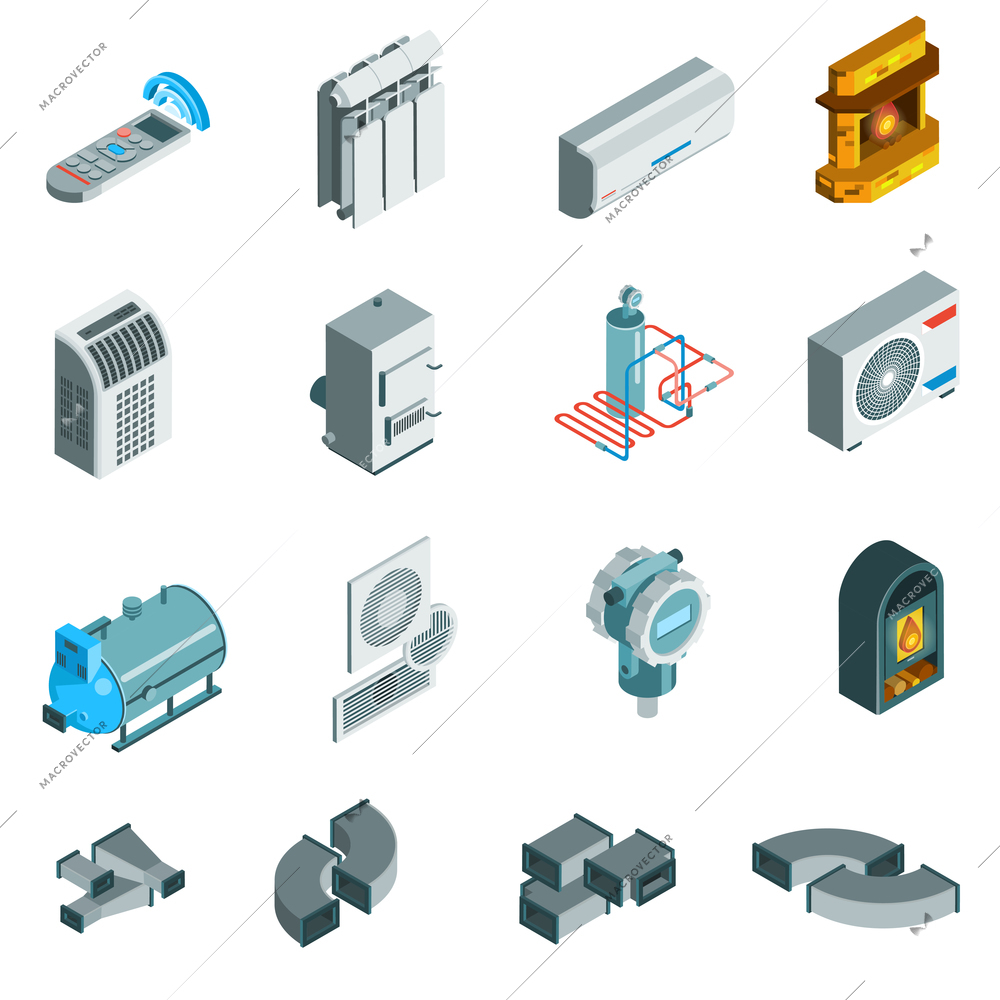 Heating cooling system isometric icons set of different elements in flat style isolated vector illustration