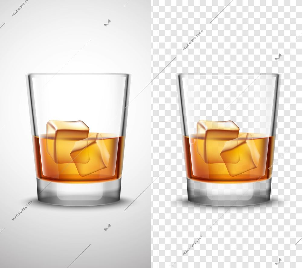 Scotch whisky glasses set with alcohol and ice cubes 2 realistic  banners with transparent background isolated vector illustration