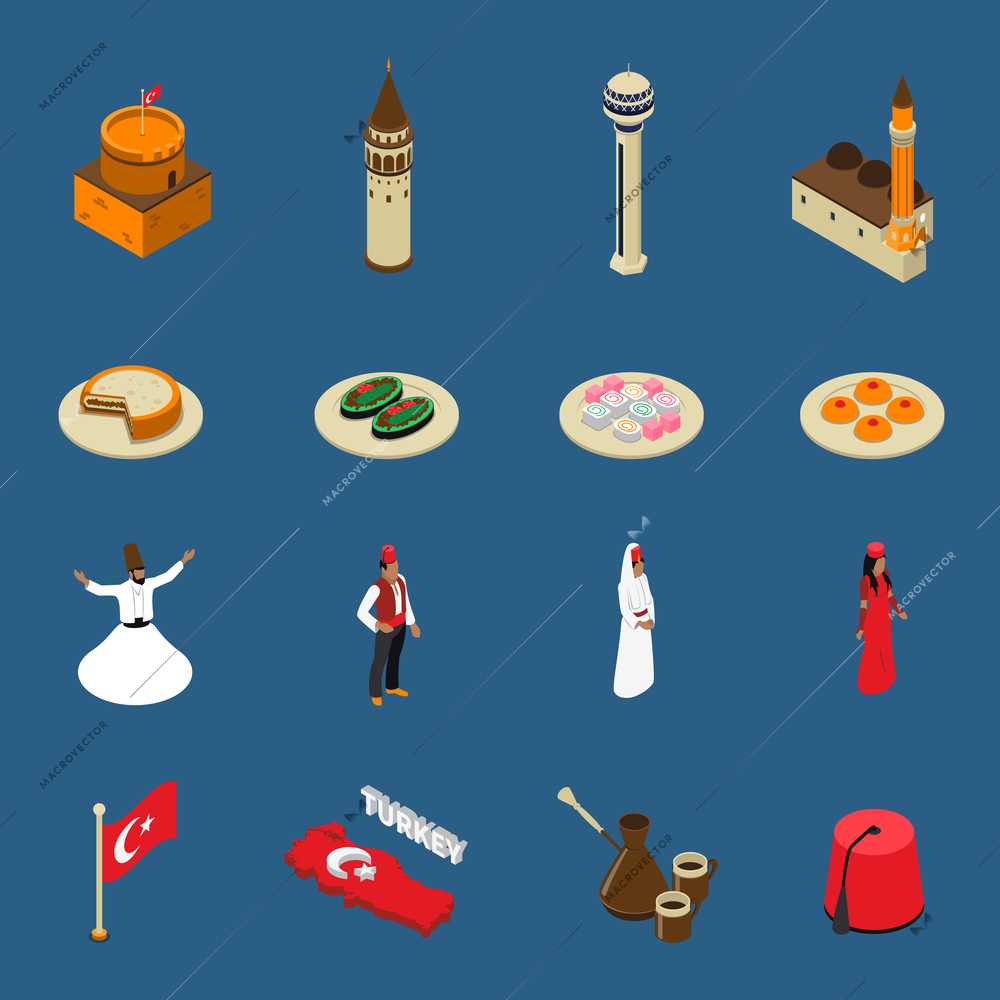 Turkish cultural symbols for tourists isometric icons set with national traditional dishes clothing and mosque isolated vetor illustration