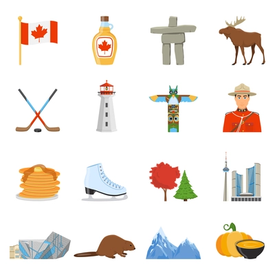 Canadian national cultural and sport symbols places of interest for tourists flat icons collection isolated vector illustration