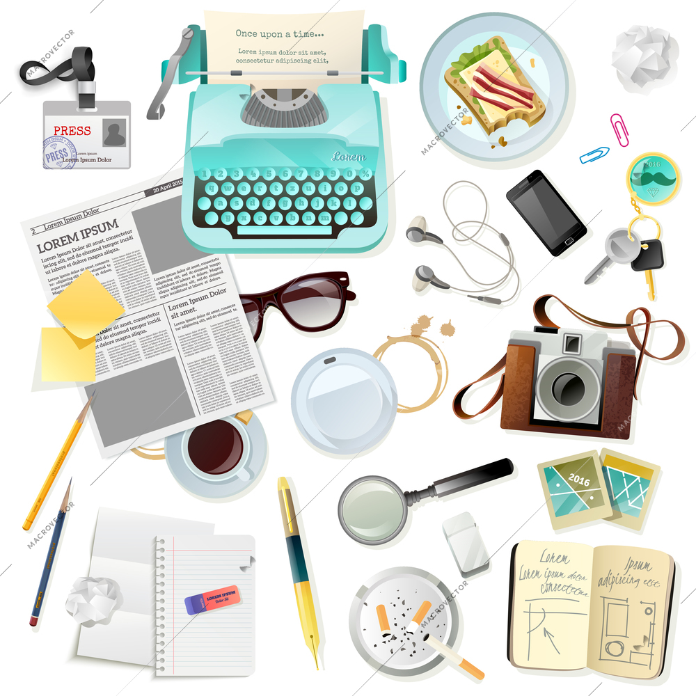 Vintage set of accessories for journalist writer typist with typewriter photo camera paper notepad fountain pen flat isolated vector illustration