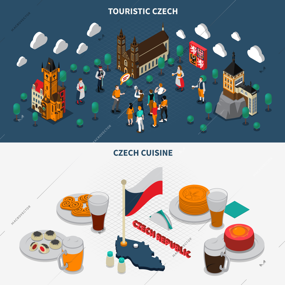 Czech republic 2 touristic attractions isometric banners with cathedral charles bridge museum and cuisine isolated vector illustration