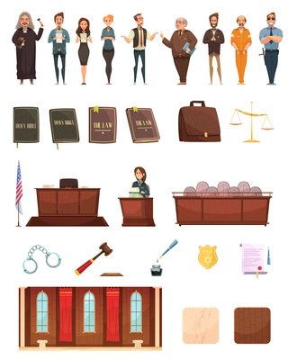 Criminal justice retro cartoon icons collection with law books jury box judge and courtroom isolated vector illustration