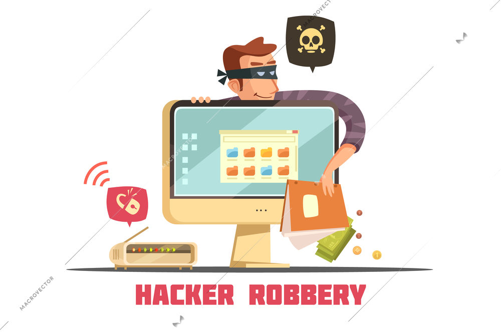 Computer hacker breaking security code to  access bank account and steal money retro cartoon icon vector illustration