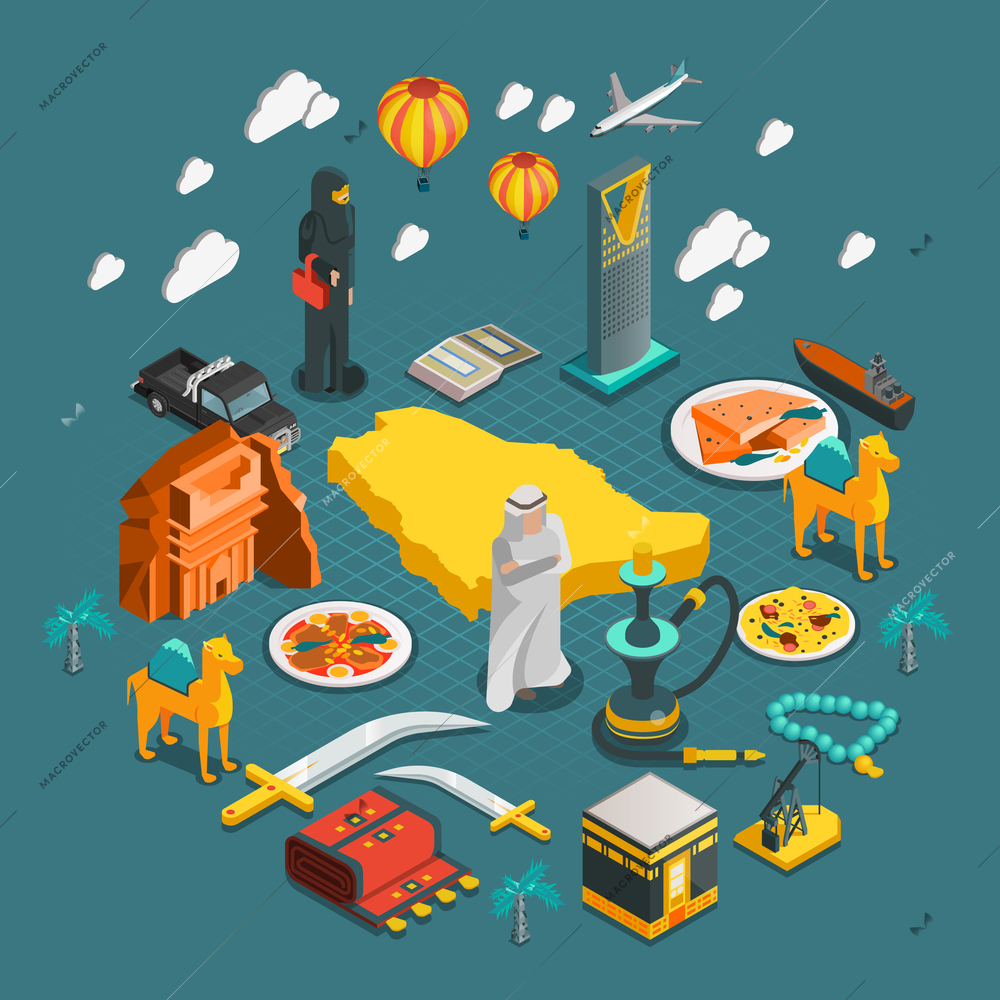 Saudi Arabia isometric composition with icons of arabian culture architecture entertainment in flat style isolated vector illustration