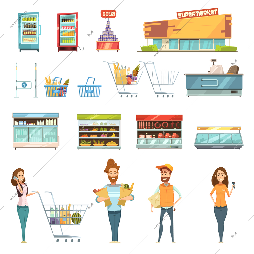 Supermarket grocery shopping retro cartoon icons set with customers carts baskets food and products  isolated vector illustration