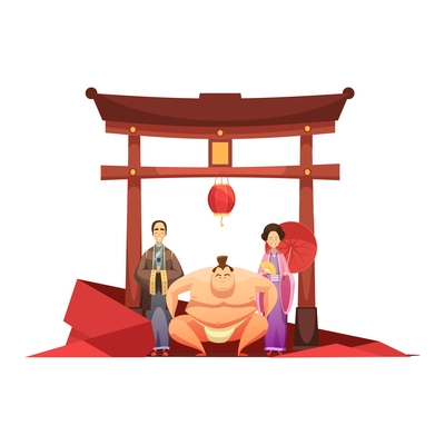 Japanese culture retro composition with pagoda sumo wrestler and in kimono dressed couple cartoon poster vector illustration