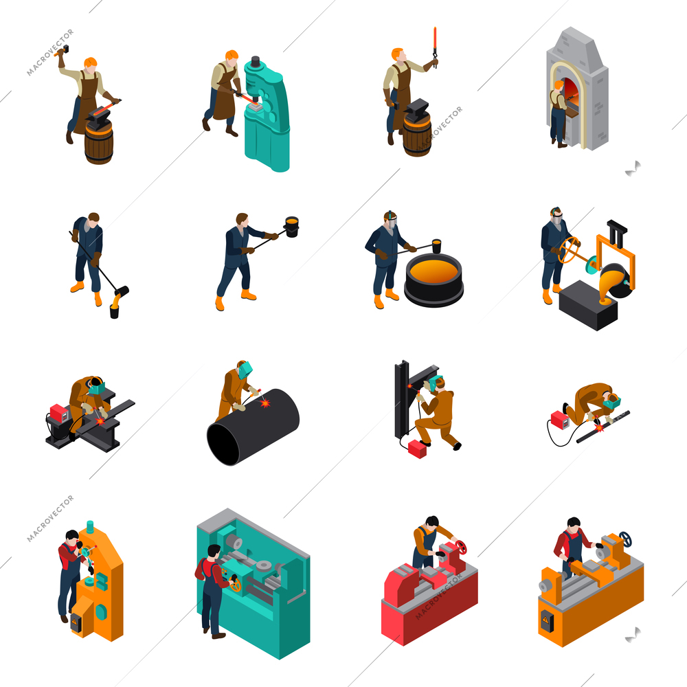 Metalworking process equipment tools and machinery isometric icons collection with blacksmith forging wrought iron isolated vector illustration