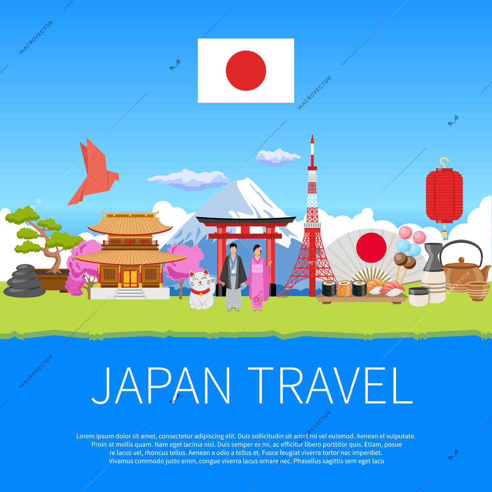 Japan travel flat advertisement flyer  with national cultural symbols landmarks and places of interest composition poster vector illustration