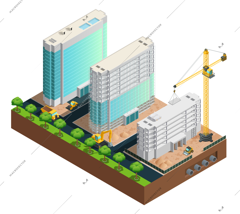 Three modern many-storeyed buildings construction isometric composition on white background vector illustration