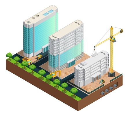 Three modern many-storeyed buildings construction isometric composition on white background vector illustration