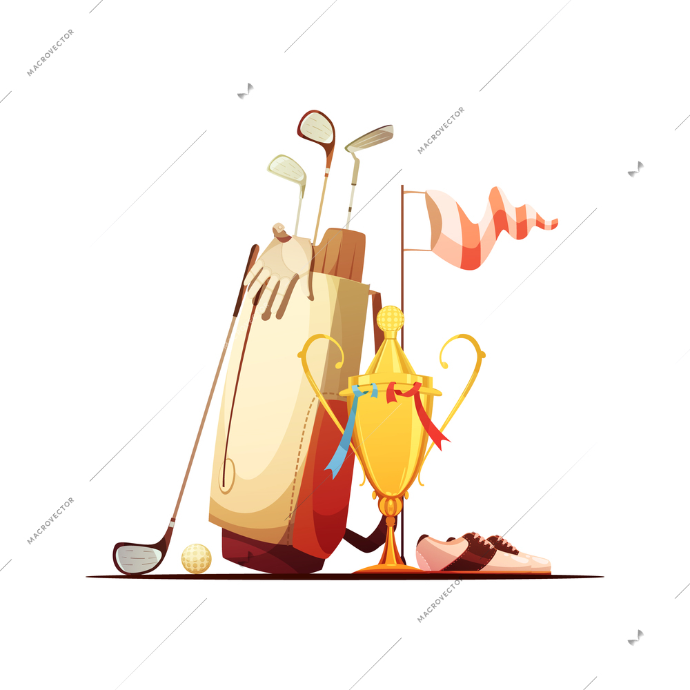 Golf bag with ball clubs shoes and tour championship winner trophy retro cartoon composition icon vector illustration