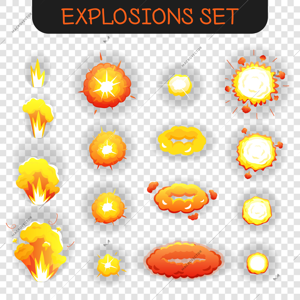 Bright orange and yellowe cartoon explosion effects of different size and shape for flash animation isolated on transparent background vector illustration