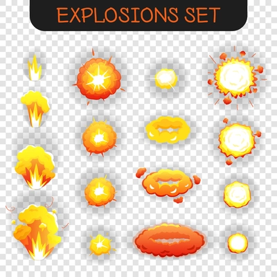 Bright orange and yellowe cartoon explosion effects of different size and shape for flash animation isolated on transparent background vector illustration