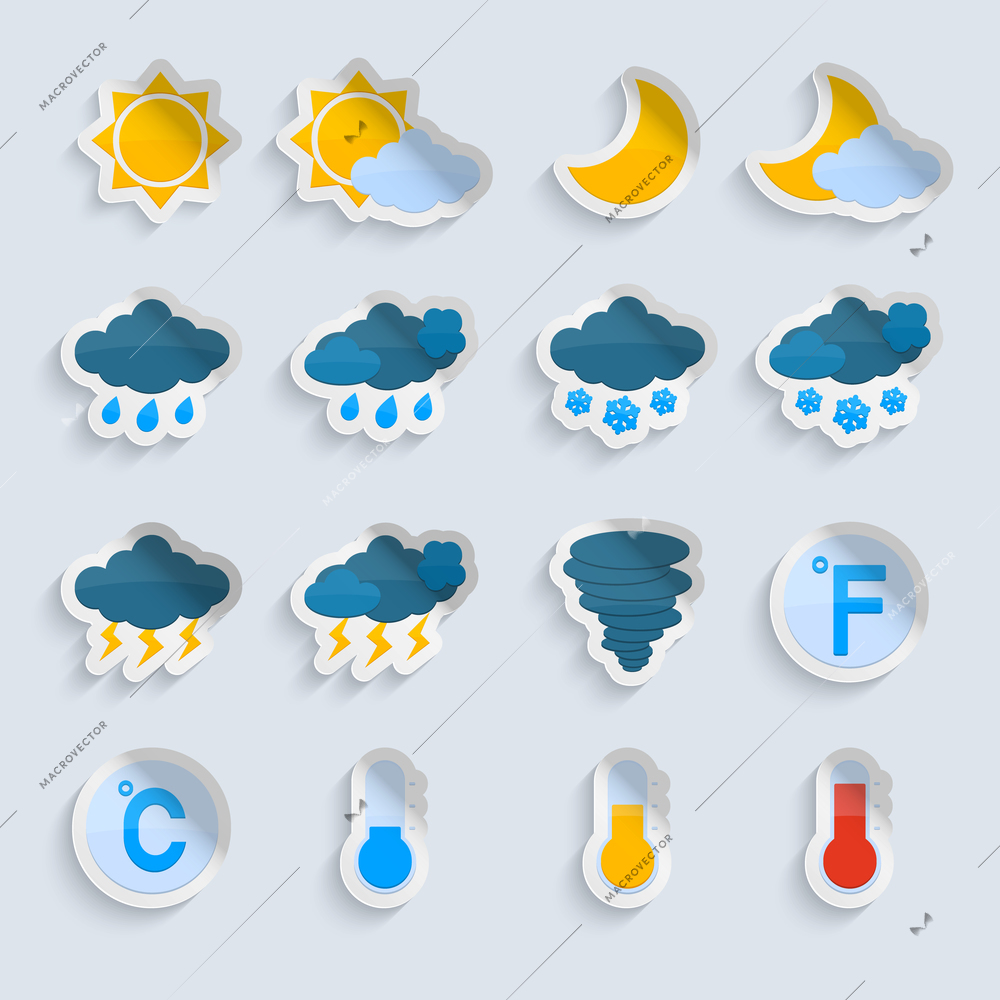 Weather forecast symbols paper stickers set of sun clouds rain and snow isolated vector illustration