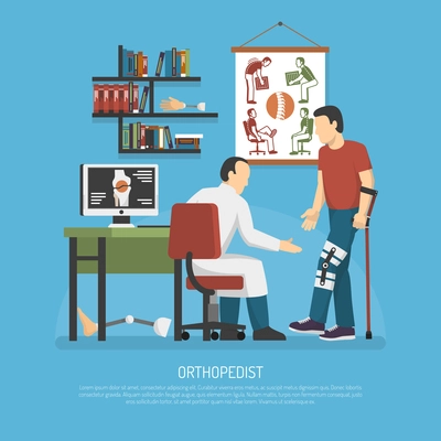 Orthopedics design concept with doctor in workplace examining patient on crutches flat vector illustration