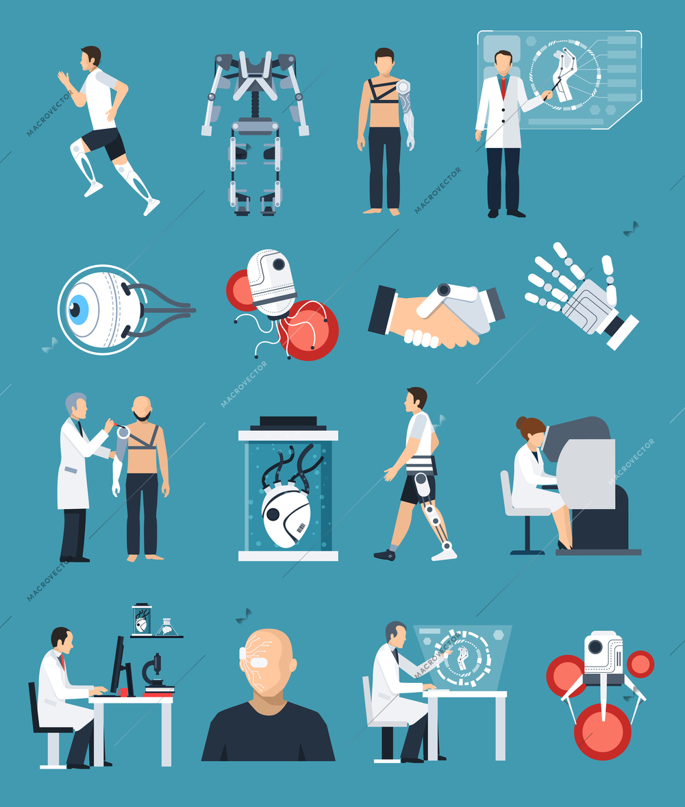 Bionics icons set with technology and science symbols on blue background flat isolated vector illustration